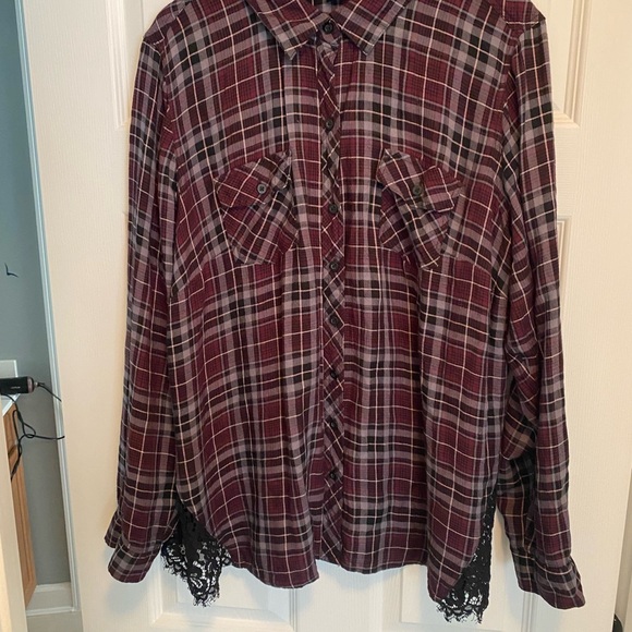 Torrid Burgundy Plaid Shirt with Lace Detail - Picture 2 of 13